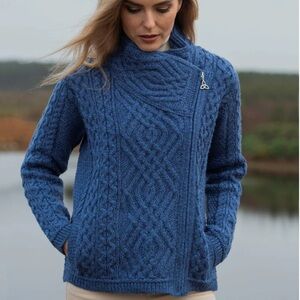 Aran Crafts Cowl Neck Side Zip Irish Cardigan Sweater, Marl Blue, Size L